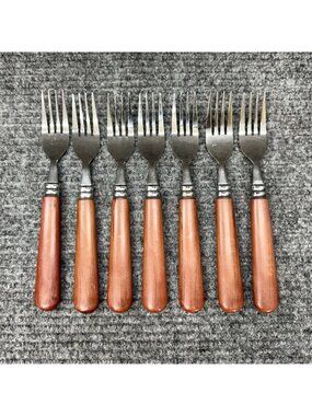 Faberware Silverware Lot Of 7 Table Forks Faux Wood Brown Handle Set Vintage